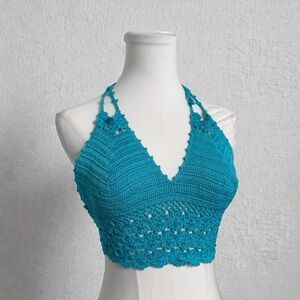Handmade Crochet Halter Top | Teal Boho Fairycore Bralette | Cottagecore S/M